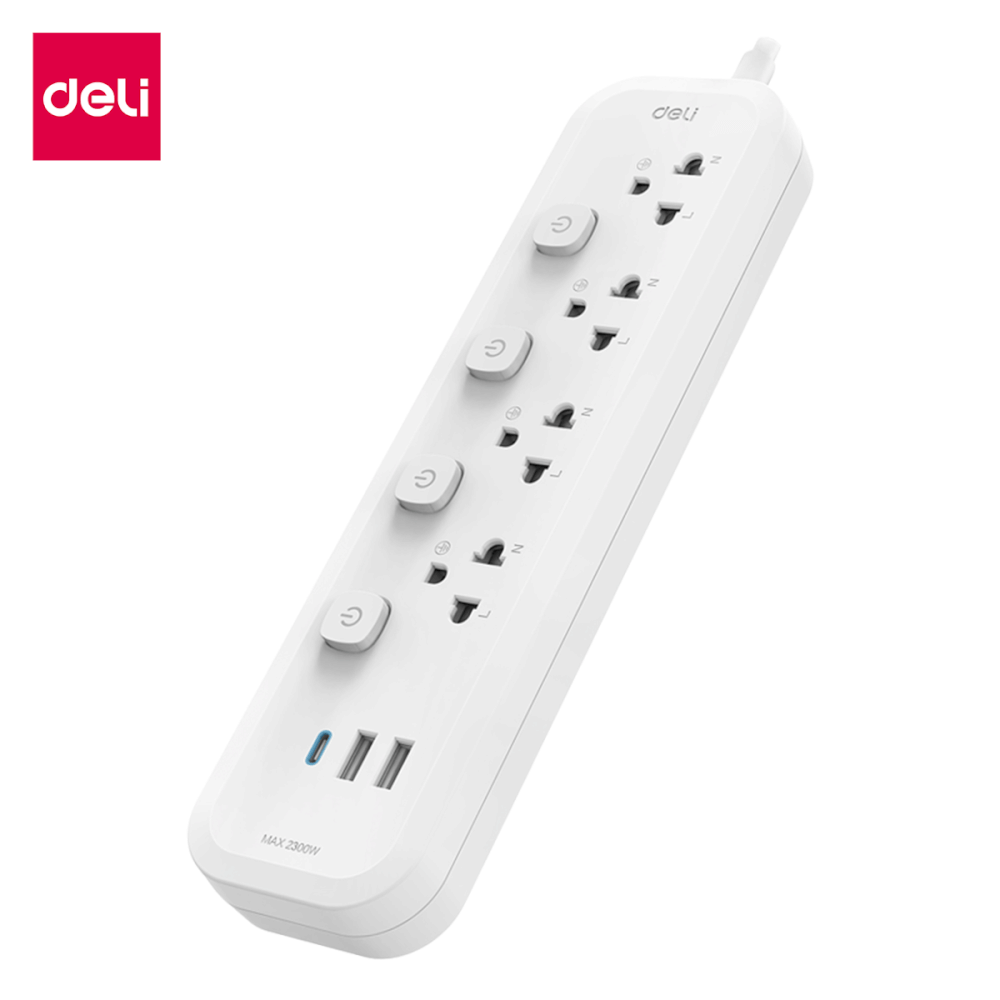 รางปลั๊กไฟ 4ช่อง 2USB 1TYPEC DELI CT477-WH-01 ความยาวสาย 3 เมตร สีขาว